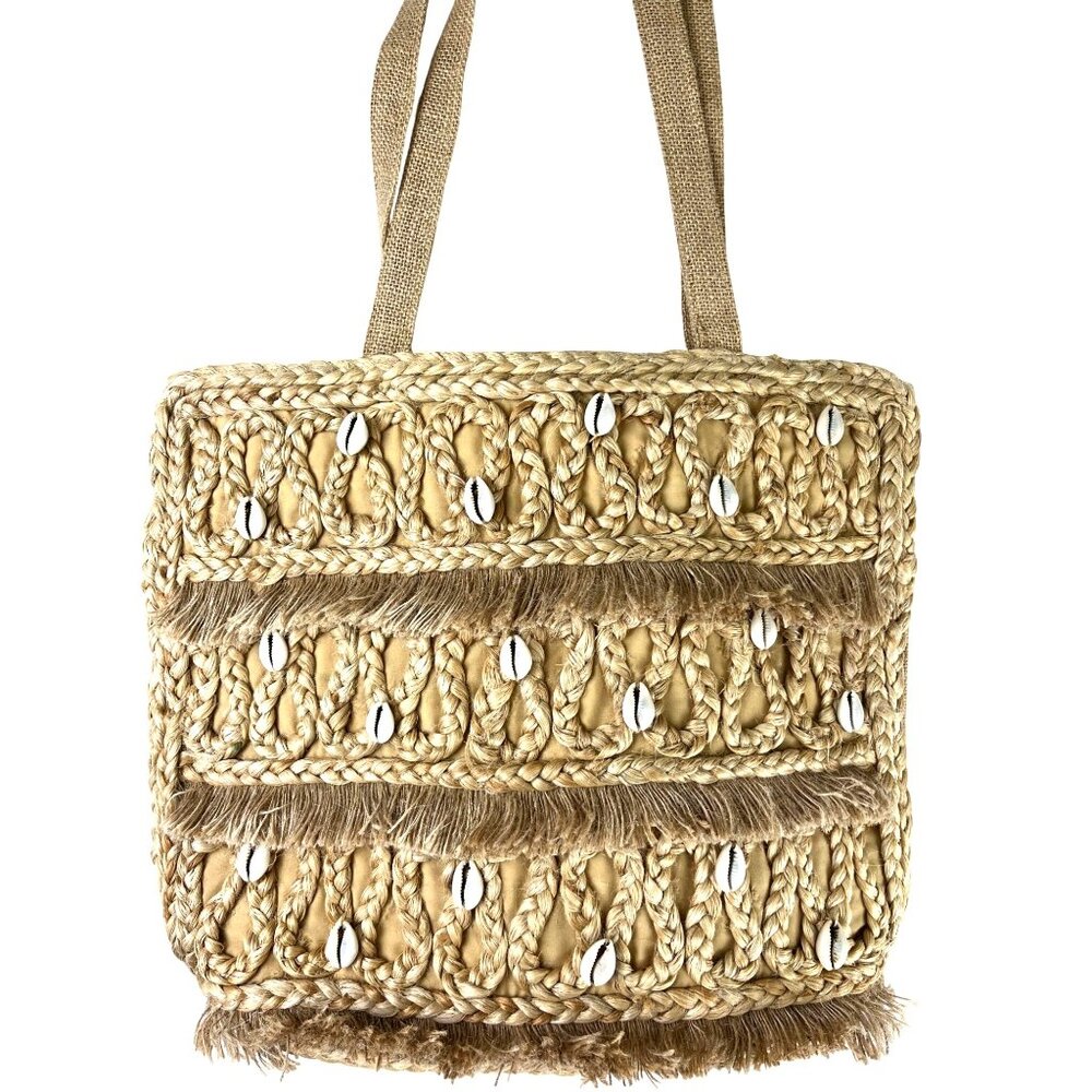 Fisherman Coastal Grandma Beach Bag Salt + Umber ISLA JUTE SEASHELL TOTE